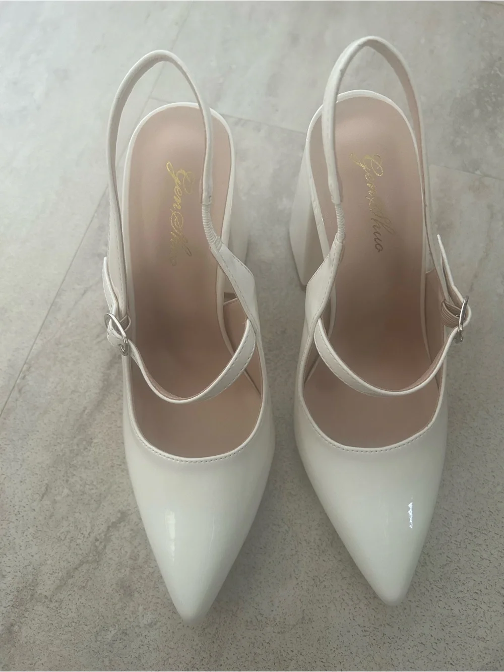 White Patent Mary Jane Block Heel Slingback Pumps